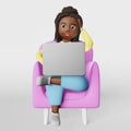 Scared stressed African American woman employee 3d character works on laptop remotely Video conference. Project deadline