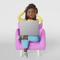 Scared stressed African American woman employee 3d character works on laptop remotely Video conference. Project deadline