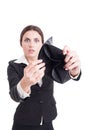 Scared and surprised business woman showing empty wallet Royalty Free Stock Photo