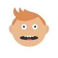 Scared surprised fightend afraid guy head. Baby boy emotion collection. Cute cartoon character with red hair and freckles.Socked Royalty Free Stock Photo