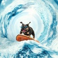 Collage with cute funny bulldog dog surfing on huge wave in ocean or sea on summer vacation over blue-white background. Royalty Free Stock Photo