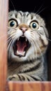 scared tabby cat showing its teeth, worried looking, background is dark
