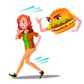 Scared Teen Girl Runing Away From Hamburger Vector. Isolated Cartoon Illustration