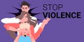 Scared terrified mother and daughter with closed mouth stop family violence and aggression concept