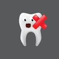 Scared tooth with a red cross on it. Cute character with facial expression. Funny icon for children`s design. 3d realistic vector