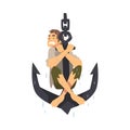 Scared Wet Man Sitting on Ship Anchor Vector Illustration