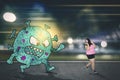 Scared woman chased by Coronavirus