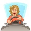 Scared woman driving