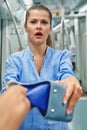 Scared woman face.Thief takes bag at subway station. Royalty Free Stock Photo