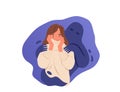 Scared woman with imaginary shadow touching her shoulders. Fear concept. Vector flat illustration.