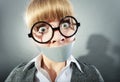 Scared woman with mouth taped shut. Censorship. Royalty Free Stock Photo