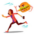 Scared Woman Runing Away From Hamburger Vector. Isolated Cartoon Illustration