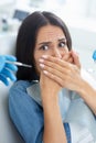 Scared woman sitting in dental chair covering mouth with hands Royalty Free Stock Photo