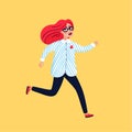 Scared young woman running away. Female character on yellow background, Flat style vector illustration..