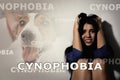 Scared young woman suffering from cynophobia on background. Irrational fear of dogs