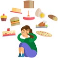 Scared young woman surrounded by junk food. Girl is suffering from fear of weight gain and obesity