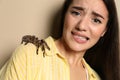 Scared young woman with tarantula on background. Arachnophobia fear of spiders Royalty Free Stock Photo