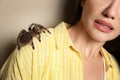 Scared young woman with tarantula on beige, closeup. Arachnophobia fear of spiders Royalty Free Stock Photo