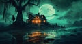 halloween pumpkin holiday moon cemetery bat horror night grave dark. Generative AI.