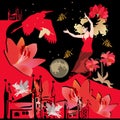 Scarf or a beautiful square poster with a dancing girl, fabulous winged unicorns, castles, flowers, heron silhouettes