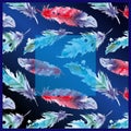 Scarf design seamless pattern with bird feathers on blue background Royalty Free Stock Photo