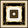 Scarf Design for Silk Print. Golden Baroque with Chains, Black and White Colors. Indian Style Pattern Ready for Textile.