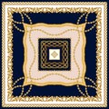 Scarf Design for Silk Print. Golden Baroque with Chains, Dark Blue and White Colors. Indian Style Pattern Ready for Textile. Royalty Free Stock Photo