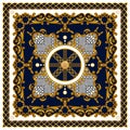 Scarf Design for Silk Print. Square fashion print. Vintage Style Pattern Ready for Textile. Golden Baroque on Dark Blue Background Royalty Free Stock Photo