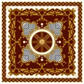 Scarf Design for Silk Print. Square fashion print. Vintage Style Pattern Ready for Textile. Golden Baroque on Red Background. Royalty Free Stock Photo