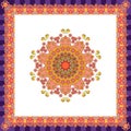 Scarf with flower - mandala on white background and bright ornamental border. Royalty Free Stock Photo