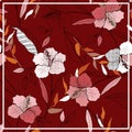 Scarf pattern seamless red floral print. Wallpaper blooming realistic isolated flowers lily hand drawn vintage background. Vector Royalty Free Stock Photo