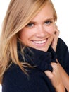 Scarf, winter fashion or portrait of happy woman in studio for cool, trendy or comfortable outfit. Face, smile or female