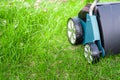 Scarifier on green grass. Work in the garden. Royalty Free Stock Photo