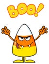 Scaring Candy Corn Cartoon Character Holding Up His Arms With Text