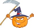Scaring Halloween Pumpkin With A Witch Hat And Scythe Royalty Free Stock Photo