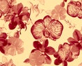 Scarlet Botanical Foliage. Red Orchid Painting. Pink Hibiscus Texture. Flower Leaves. Watercolor Plant. Seamless Design. Pattern T Royalty Free Stock Photo