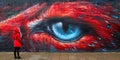 The Scarlet Gaze: A Womans Encounter With a Wall Mural of a Red Birds Eye. Generative AI Royalty Free Stock Photo