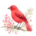 Scarlet Iiwi bird in cartoon style. Cute Little Cartoon Scarlet Iiwi bird isolated on white background. Watercolor drawing, hand- Royalty Free Stock Photo