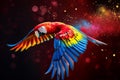 Scarlet macaw parrot flying isolated on black background. Extreme close-up of colorful parrot flying from splash of paint, Royalty Free Stock Photo