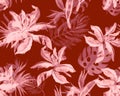Scarlet Monstera Plant. Purple Watercolor Backdrop. Pink Banana Leaf Texture. Fuchsia Seamless Decor. Coral Pattern Decor. Tropica