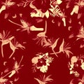 Scarlet Pattern Art. Red Tropical Design. Brown Floral Art. Ruby Drawing Design. Coral Fashion Design.