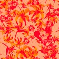 Scarlet Pattern Botanical. Pink Seamless Illustration. Ruby Tropical Exotic. Red Flower Botanical. Coral Wallpaper Background.