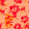Scarlet Pattern Nature. Ruby Seamless Textile. Red Tropical Leaves. Coral Flower Palm. Pink Wallpaper Foliage. Decoration