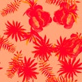 Scarlet Pattern Nature. Ruby Tropical Illustration. Coral Floral Art. Pink Drawing Leaves. Red Fashion Design.