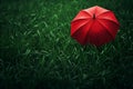 Scarlet Red umbrella green grass. Generate Ai Royalty Free Stock Photo