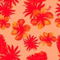 Scarlet Seamless Palm. Ruby Pattern Art. Coral Tropical Vintage. Red Flower Leaves. Pink Spring Texture. Banana Leaves.