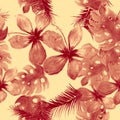 Scarlet Seamless Textile. Pink Pattern Textile. Coral Tropical Textile. Ruby Garden Hibiscus. Gray Watercolor Exotic.
