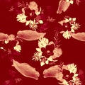 Scarlet Seamless Texture. Coral Pattern Leaves. Ruby Tropical Art. Brown Flower Art. Pink Flora Design.