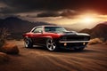 Scarlet Speedster. A Red and Black Chevy Camaro Muscle Car Roaring on a Dirt Road