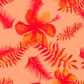 Scarlet Tropical Design. Pink Seamless Nature. yellow Pattern Exotic. Coral Spring Foliage. Ruby Flower Textile.
